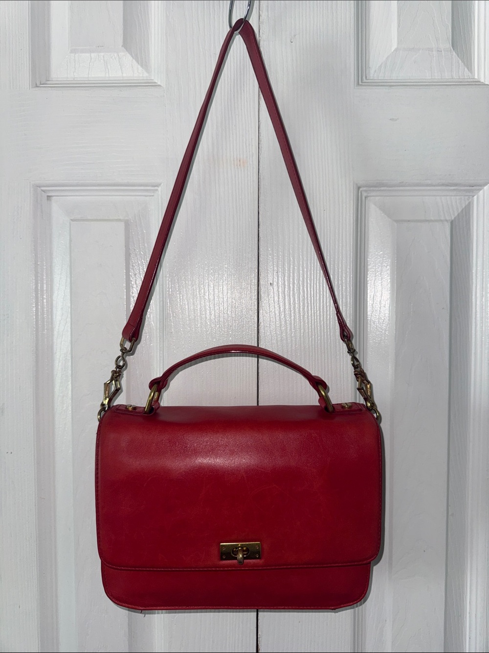 J. Crew Red Leather Top-Handle Satchel with Shoulder Strap Model 2011